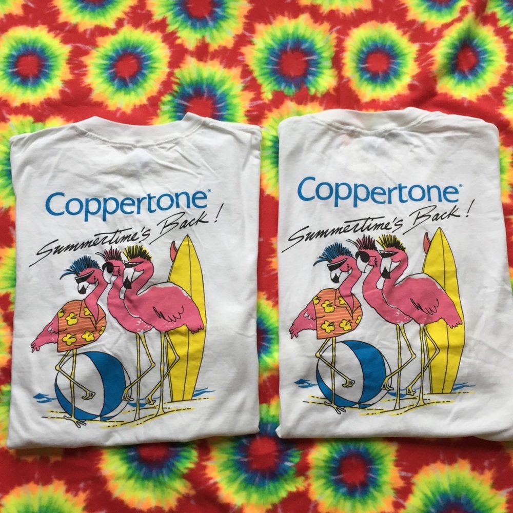 Lot 2 Vintage Coppertone Pink Flamingo Tshirts   SINGLE STITCH